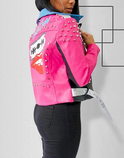 Load image into Gallery viewer, Studded Printed Lapel Fashionable Zipper PU Leather Short Jacket
