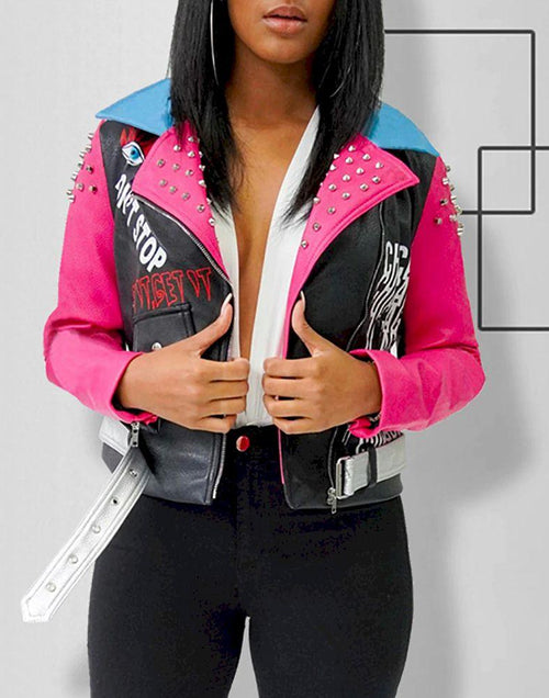 Load image into Gallery viewer, Studded Printed Lapel Fashionable Zipper PU Leather Short Jacket
