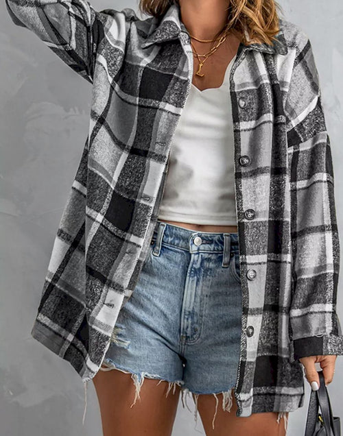 Load image into Gallery viewer, Plaid Print Buttoned Shirt Jacket
