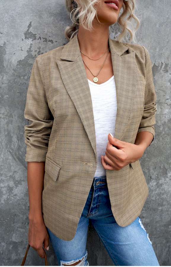 Plaid Print Lapel Collar Button Blazer