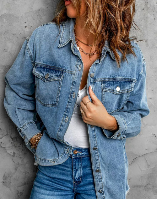 Load image into Gallery viewer, Pocket Raw Hem Buttoned Denim Jacket
