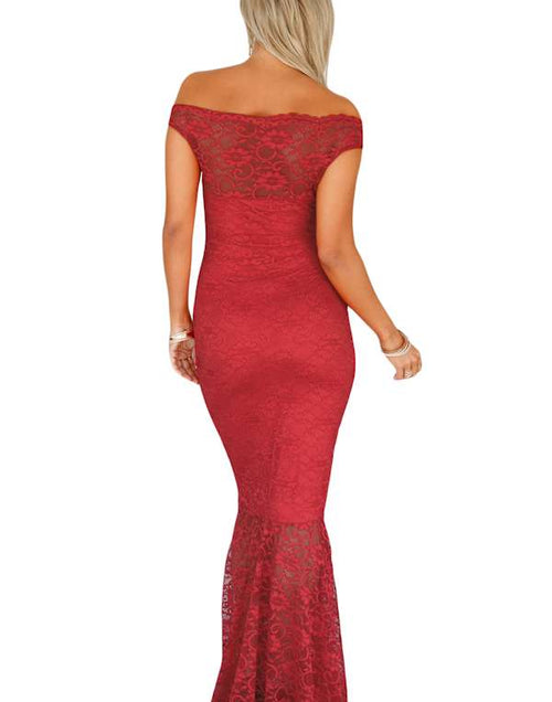 Load image into Gallery viewer, Red Bardot Lace Fishtail Maxi Dress
