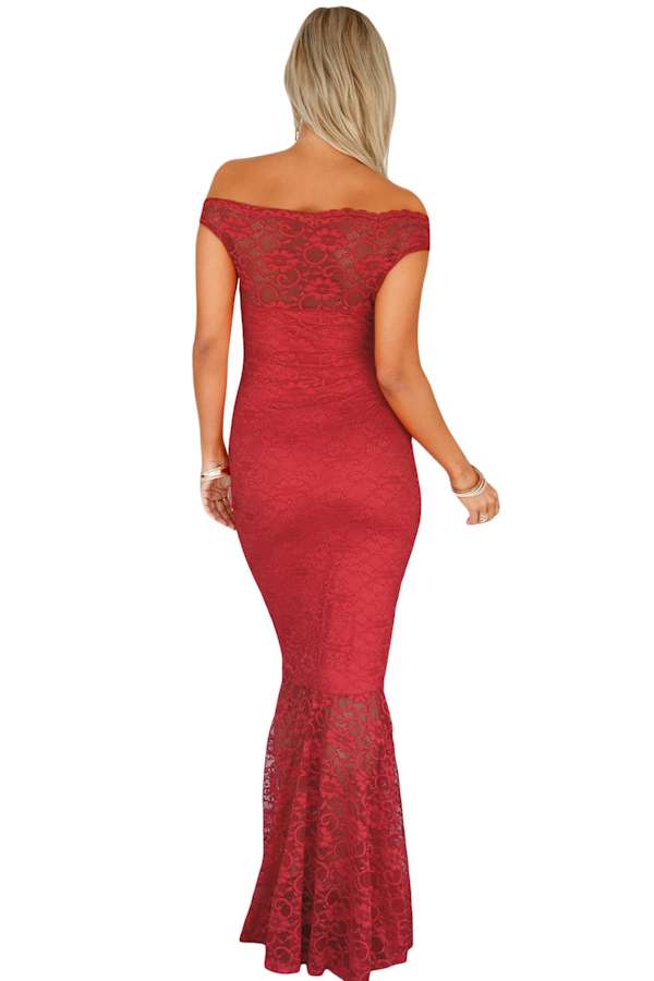 Red Bardot Lace Fishtail Maxi Dress