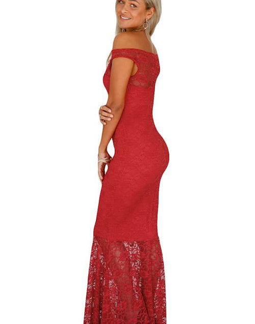 Load image into Gallery viewer, Red Bardot Lace Fishtail Maxi Dress
