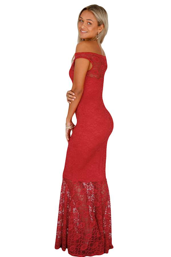 Red Bardot Lace Fishtail Maxi Dress