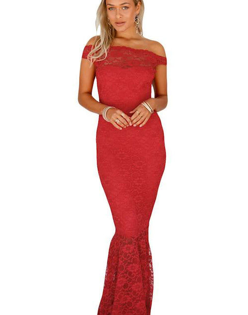 Load image into Gallery viewer, Red Bardot Lace Fishtail Maxi Dress
