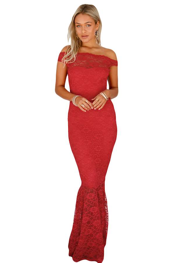 Red Bardot Lace Fishtail Maxi Dress