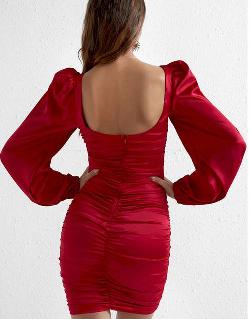 Load image into Gallery viewer, Red Bubble Sleeve Square Neck Ruched Mini Dress
