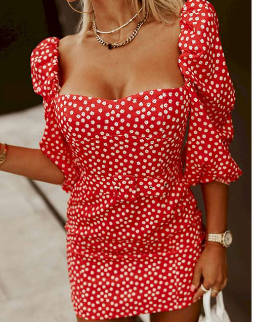 Load image into Gallery viewer, Fashionable and Flirty Daisy Print Puff Sleeve Mini Dress
