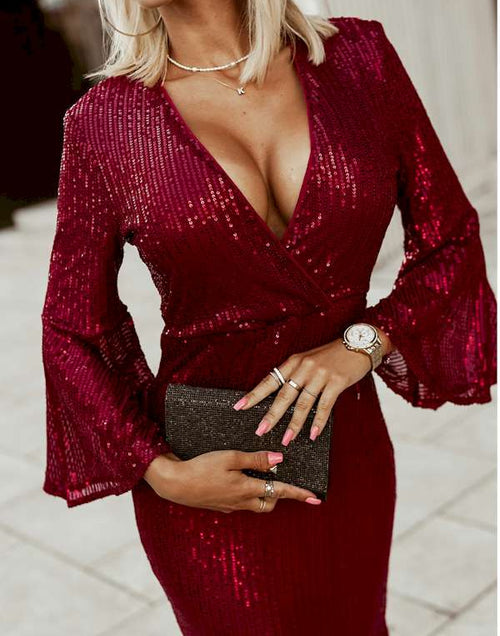 Load image into Gallery viewer, Look Fabulous in this Red Deep V Neck Sequined Dress
