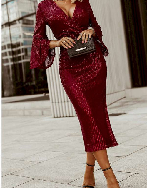 Load image into Gallery viewer, Look Fabulous in this Red Deep V Neck Sequined Dress
