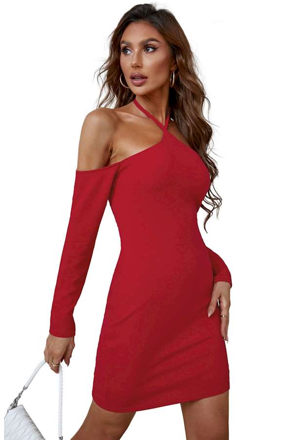 Black Halter Neck Off Shoulder Bodycon Mini Dress