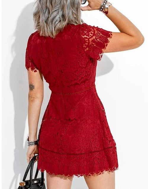 Load image into Gallery viewer, Look Chic Red Lace Crochet High Waist Mini Dress
