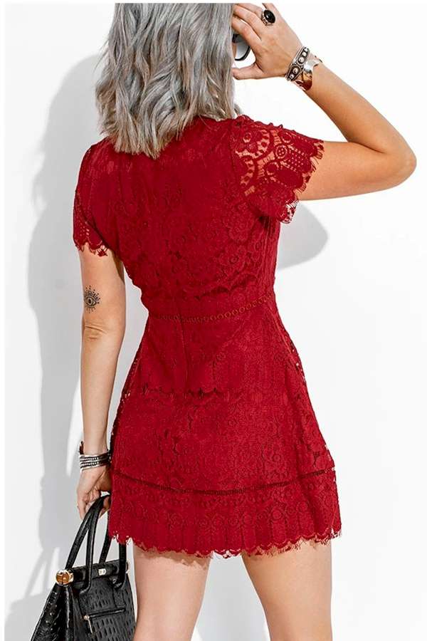 Look Chic Red Lace Crochet High Waist Mini Dress