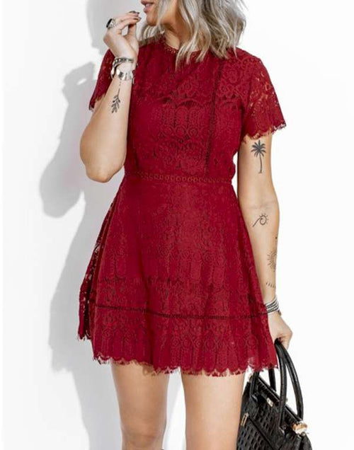 Load image into Gallery viewer, Look Chic Red Lace Crochet High Waist Mini Dress
