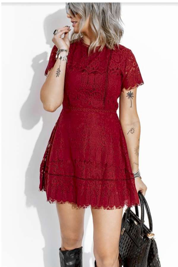 Look Chic Red Lace Crochet High Waist Mini Dress