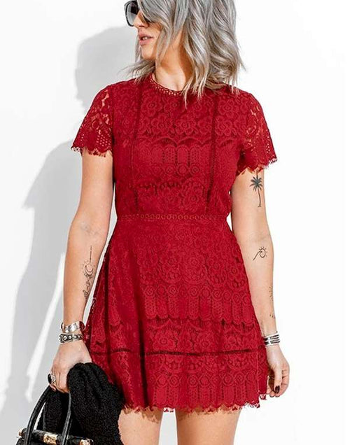 Load image into Gallery viewer, Look Chic Red Lace Crochet High Waist Mini Dress
