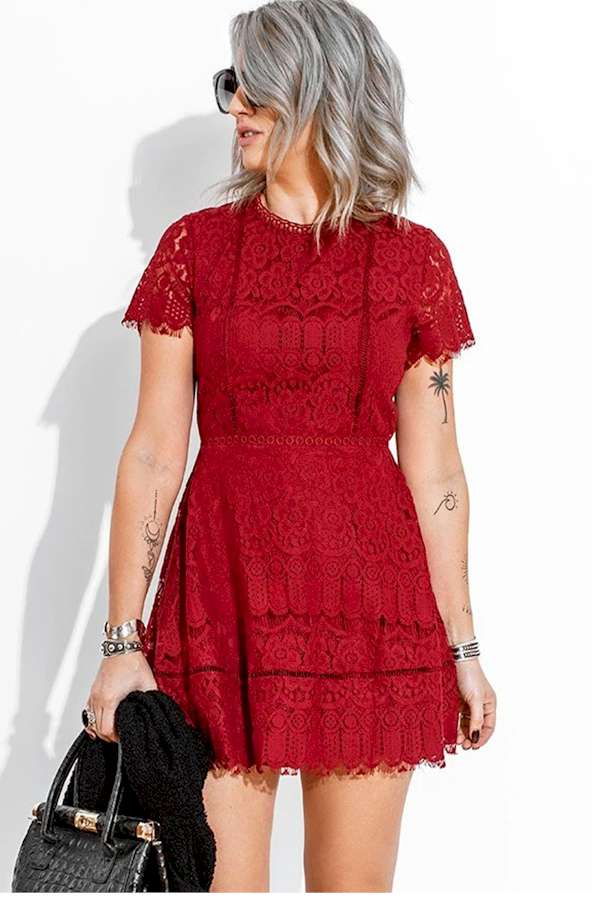 Look Chic Red Lace Crochet High Waist Mini Dress