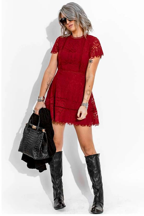 Look Chic Red Lace Crochet High Waist Mini Dress