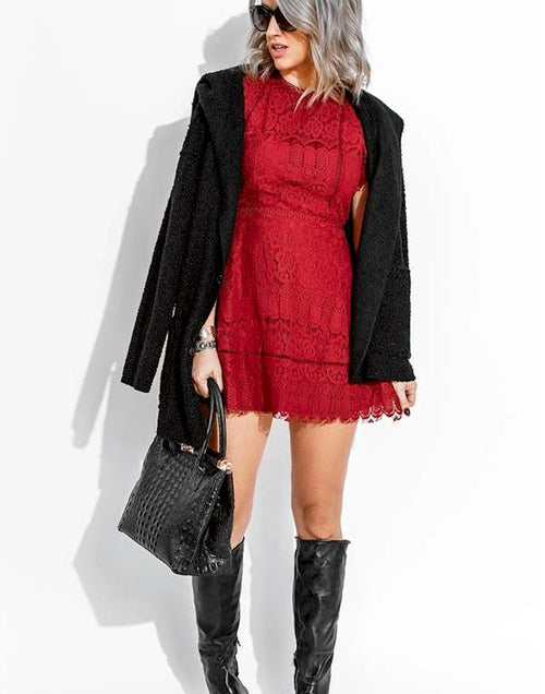 Load image into Gallery viewer, Look Chic Red Lace Crochet High Waist Mini Dress
