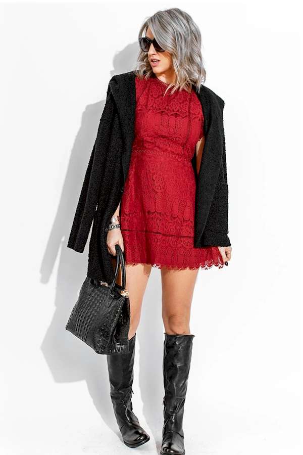 Look Chic Red Lace Crochet High Waist Mini Dress