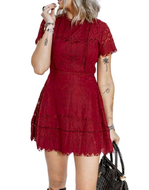 Load image into Gallery viewer, Look Chic Red Lace Crochet High Waist Mini Dress
