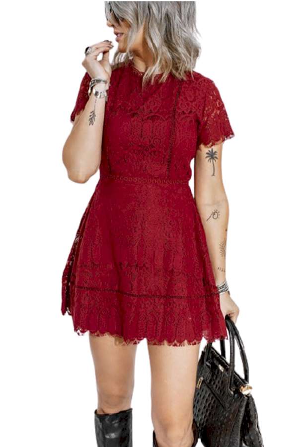 Look Chic Red Lace Crochet High Waist Mini Dress