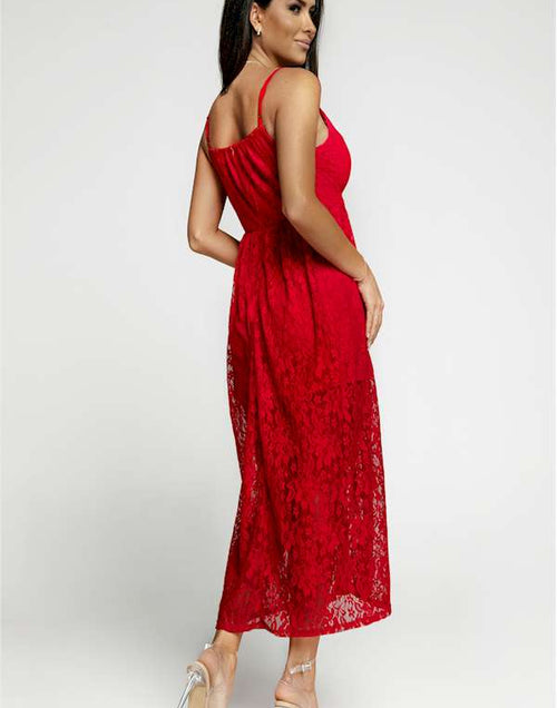 Load image into Gallery viewer, Effortless Elegance Red Lace V Neck Maxi Dress
