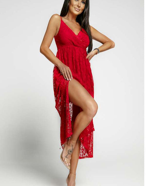 Load image into Gallery viewer, Effortless Elegance Red Lace V Neck Maxi Dress
