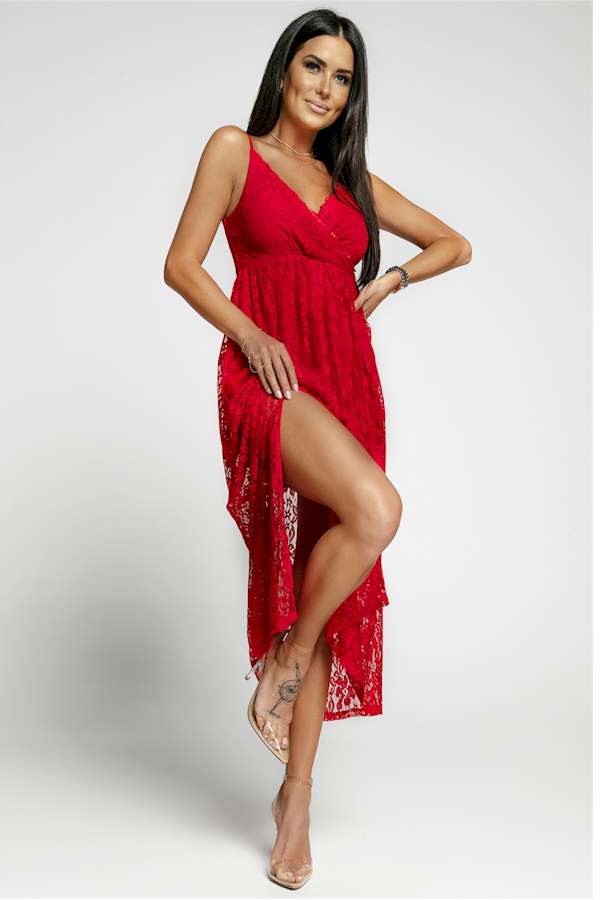 Effortless Elegance Red Lace V Neck Maxi Dress