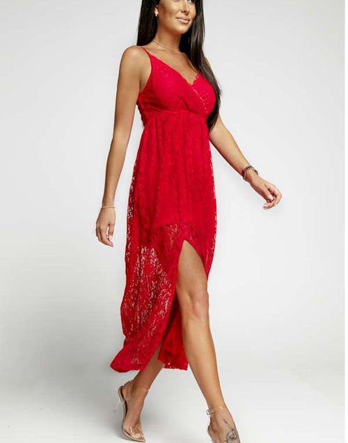 Load image into Gallery viewer, Effortless Elegance Red Lace V Neck Maxi Dress
