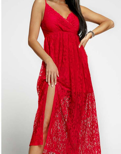 Load image into Gallery viewer, Effortless Elegance Red Lace V Neck Maxi Dress
