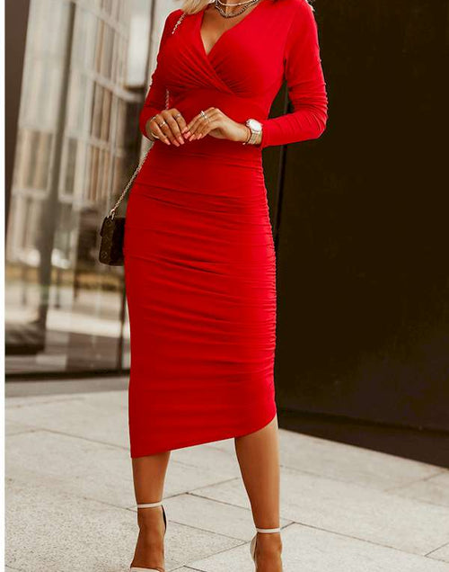 Load image into Gallery viewer, Red Long Sleeves Wrap V Neck Ruched Midi Dress
