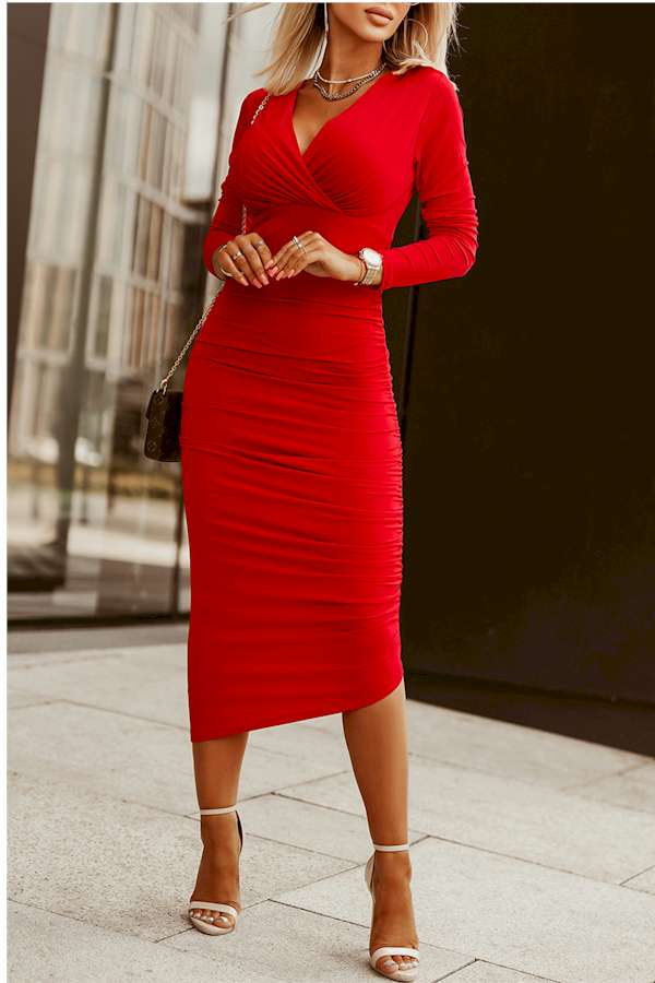 Red Long Sleeves Wrap V Neck Ruched Midi Dress