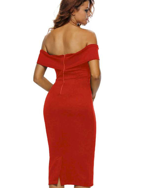 Load image into Gallery viewer, Red Off-Shoulder Midi Dress
