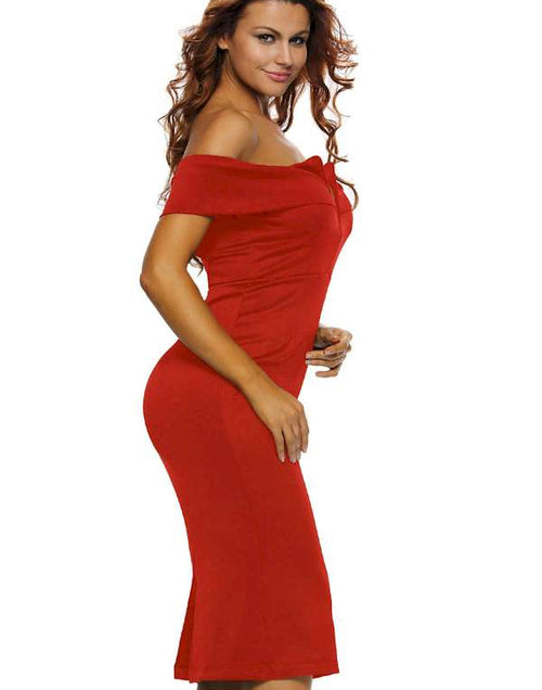 Load image into Gallery viewer, Red Off-Shoulder Midi Dress
