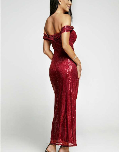 Load image into Gallery viewer, Mesmerizing  Off Shoulder Side Slit Red Bodycon Sequined Dress
