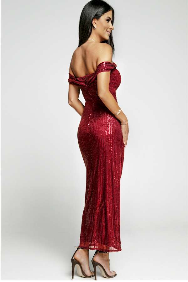 Mesmerizing  Off Shoulder Side Slit Red Bodycon Sequined Dress