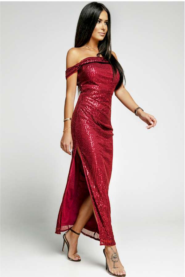 Mesmerizing  Off Shoulder Side Slit Red Bodycon Sequined Dress