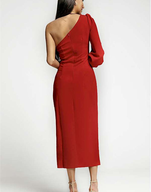 Load image into Gallery viewer, Look Exquisite in this Red One Shoulder Midi Dress
