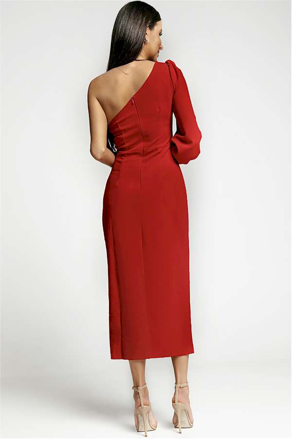 Look Exquisite in this Red One Shoulder Midi Dress