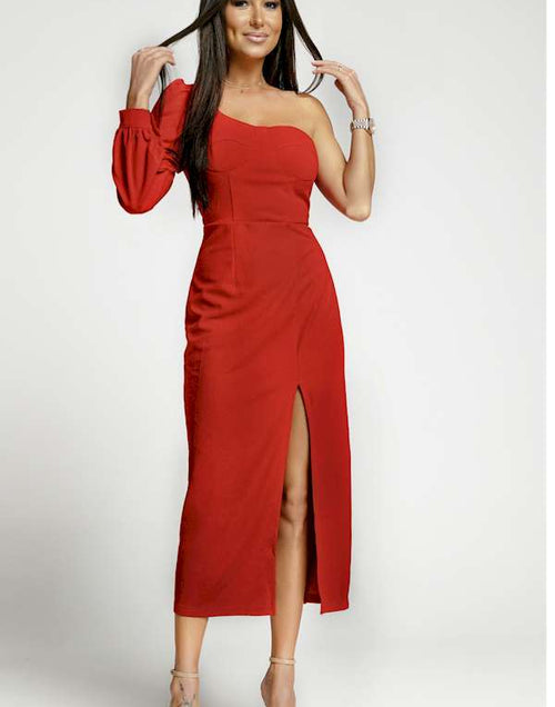 Load image into Gallery viewer, Look Exquisite in this Red One Shoulder Midi Dress
