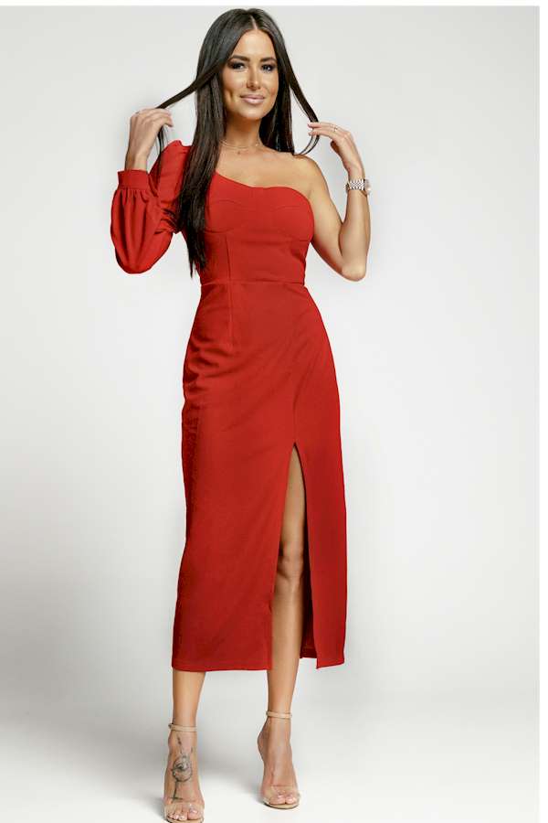 Look Exquisite in this Red One Shoulder Midi Dress