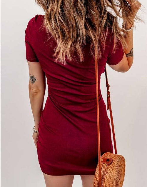 Load image into Gallery viewer, Red Ruched Front Knot Bodycon Mini Dress
