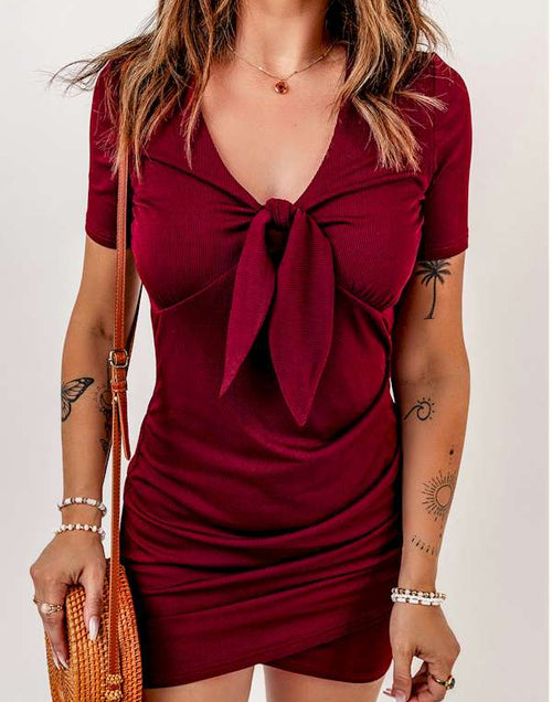 Load image into Gallery viewer, Red Ruched Front Knot Bodycon Mini Dress
