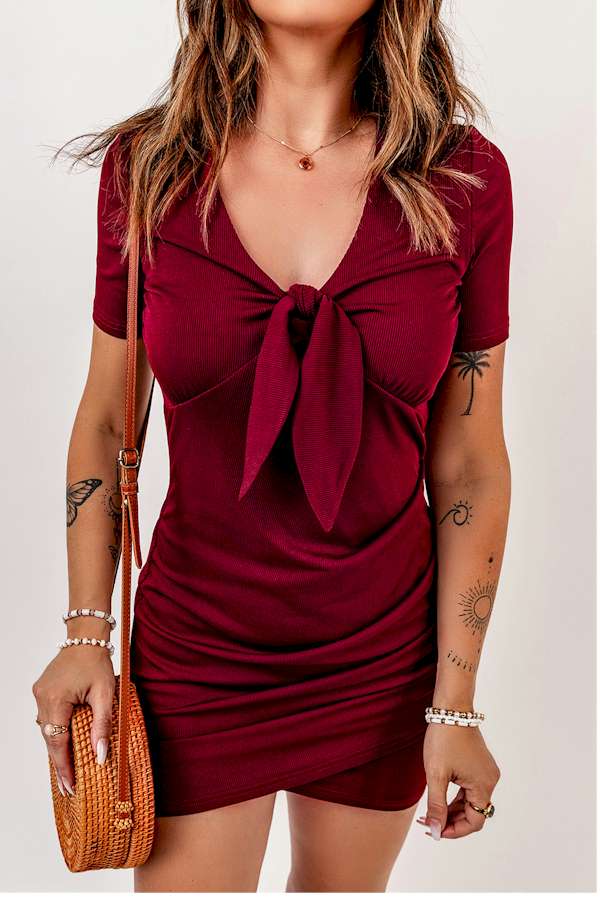 Red Ruched Front Knot Bodycon Mini Dress