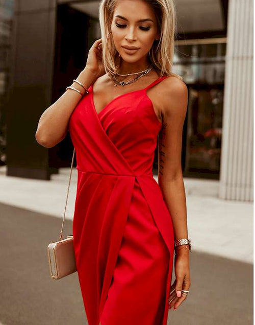 Load image into Gallery viewer, Look Sexy and Chic in this Red Ruched Wrap Sise Slit Bodycon Dress
