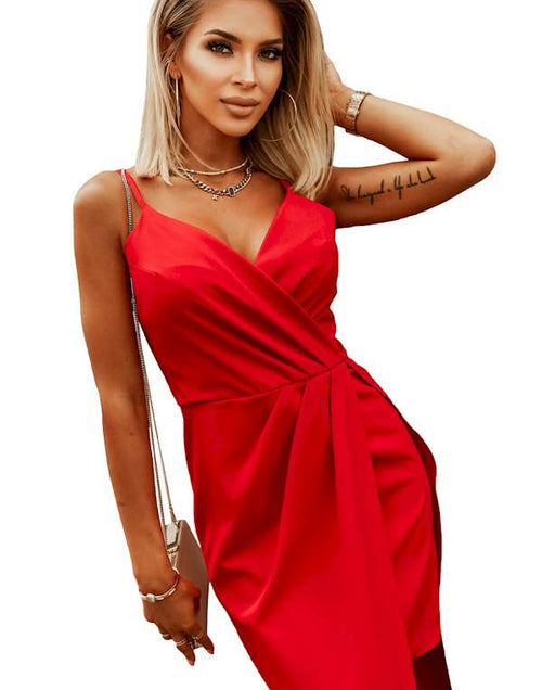 Load image into Gallery viewer, Look Sexy and Chic in this Red Ruched Wrap Sise Slit Bodycon Dress
