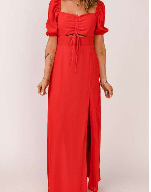 Load image into Gallery viewer, Make a Statement Red Square Thigh High Slit Maxi Dress
