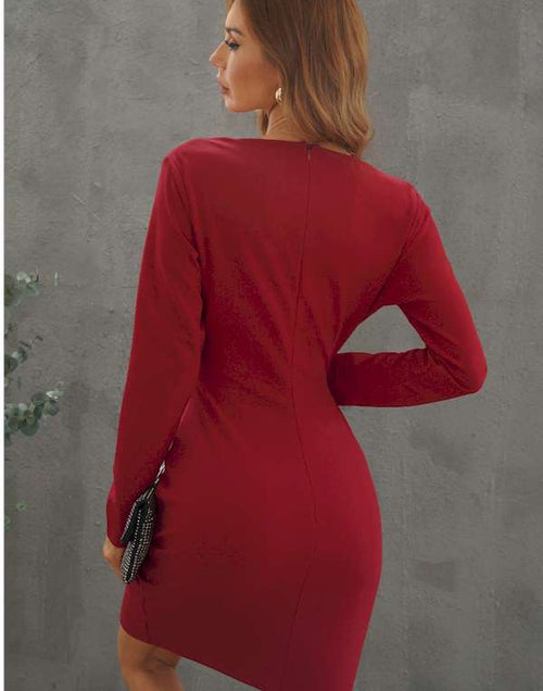 Load image into Gallery viewer, Hot Red V Neck Bodycon Ruched Mini Dress
